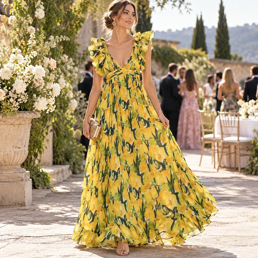 La DoubleJ Penelope Zesty Yellow Floral Silk Creponne Sz S Maxi Dress MSRP $1980
